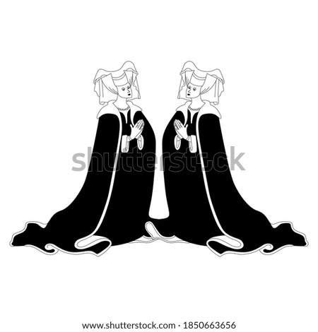 Symmetrical design with two praying medieval women. Black and white silhouette.