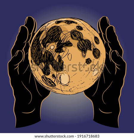 Two human hands holding shining full moon. Creative concept for science and imagination. Lunar energy and man.