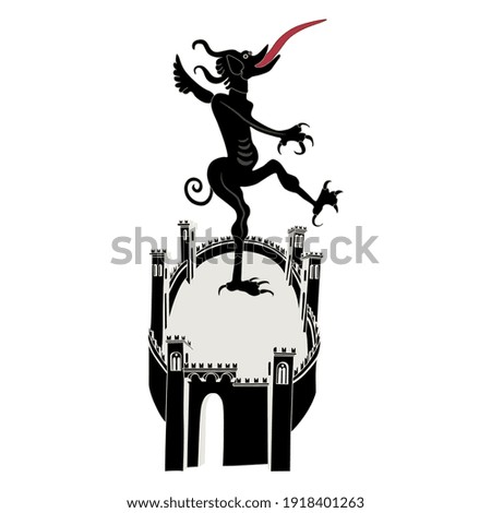 Devil standing inside medieval city or castle. Creative funny concept for triumph of evil.