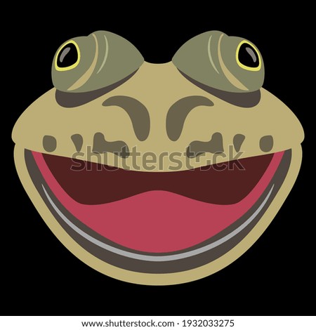 Funny face of a frog with open mouth. Cartoon style. On black background.