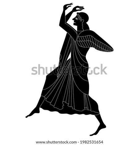 Ancient Greek goddess Nike. Dancing winged woman. Vase painting style. Black and white negative silhouette.