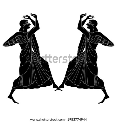 Symmetrical design with two dancing winged women. Ancient Greek goddess Nike. Vase painting style. Black and white negative silhouette.