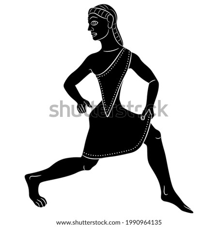 Running ancient Greek girl. Spartan lady in short chiton. Sportive Amazon woman in active pose. Black and white negative silhouette.