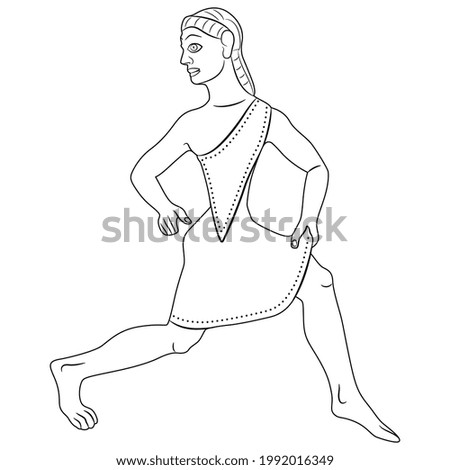 Running ancient Greek girl. Spartan lady in short chiton. Sportive Amazon woman in active pose. Black and white linear silhouette.