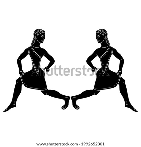 Symmetrical design or frame with two running ancient Greek women. Spartan ladies in short chiton. Sportive Amazon girls in active pose. Black and white negative silhouette.