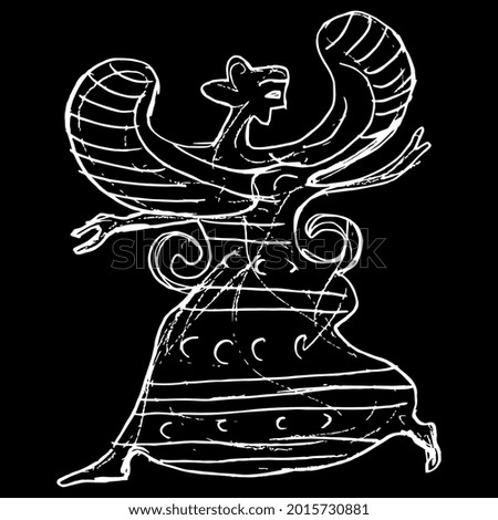 Running goddess Nike. Winged ancient Greek woman. Antique angel. Hand drawn linear doodle rough sketch. White silhouette on black background. Vase painting ethnic style.