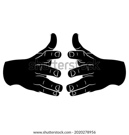 Front view of two human hands with open fingers in reaching forward gesture. Cartoon style. Black and white negative silhouette.
