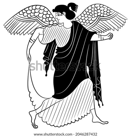 Ancient Greek winged goddess Nike. Vase painting style. Antique angel. Black and white silhouette.