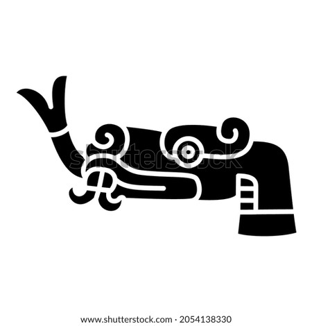 Stylized head of a snake or dragon with forked tongue. Native American animal design of Aztec Indians from Mexican codex. Black and white negative silhouette.