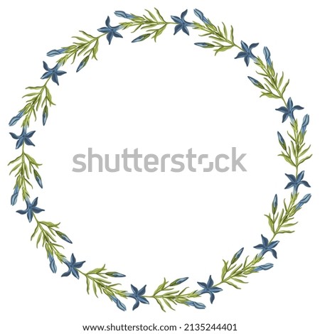Round floral frame with blooming branches of Gentiana ciliata. Wreath of blue flowers and green leaves. On white background. Fringed gentian. Gentianopsis crinita. 