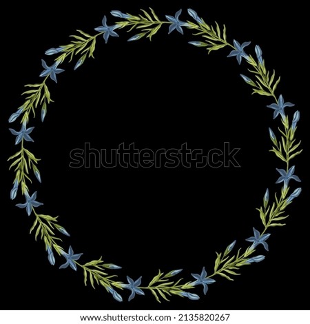 Round floral frame with blooming branches of Gentiana ciliata. Wreath of blue flowers and green leaves. On black background. Fringed gentian. Gentianopsis crinita. 