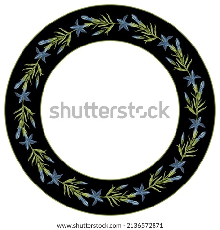 Round floral frame with blooming branches of Gentiana ciliata. Wreath of blue flowers and green leaves in a ring. On black background. Fringed gentian. Gentianopsis crinita. 