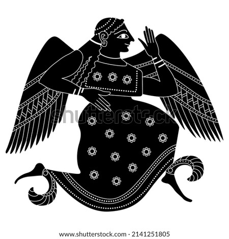 Winged ancient Greek goddess Eris or Nike. Vase painting style. Black and white negative silhouette.