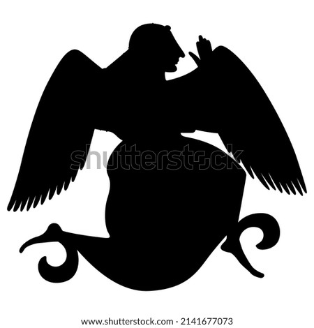 Winged ancient Greek goddess Eris or Nike. Vase painting style. Black silhouette on white background.