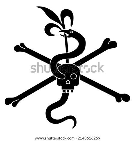 Human skull and crossed bones with a snake and leaf sprout. Medieval symbol of life and death. Vita brevis. Memento mori. Black and white negative silhouette.