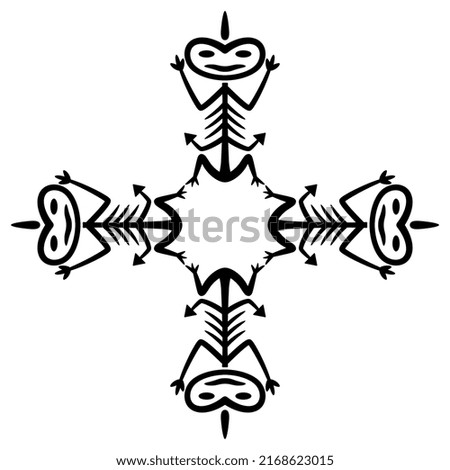 Geometrical ethnic design with four fantastic characters. Tribal cross frame or mandala. Stylized human figures from Chatham Island. Maori symbol. Black and white silhouette.