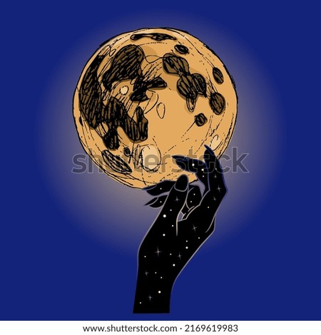 Beautiful female hand as starry night touching full moon in shining halo in night sky. Creative concept. Feminine lunar magic. Goddess Selene or Nyx.