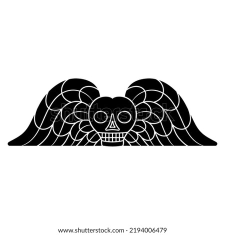Winged skull. Medieval death symbol. Black and white negative silhouette.