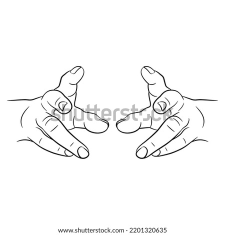 Two human hands with clenched fingers. Reaching forward gesture. Empty palms. Front view. Black and white linear silhouette. Cartoon style. Isolated vector illustration. 