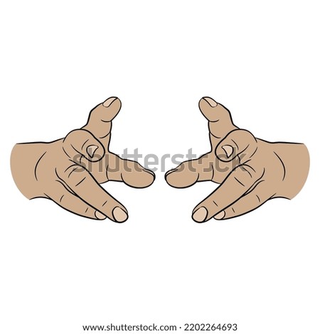Two human hands with clenched fingers. Reaching forward gesture. Empty palms. Front view. Cartoon style. Isolated vector illustration. 