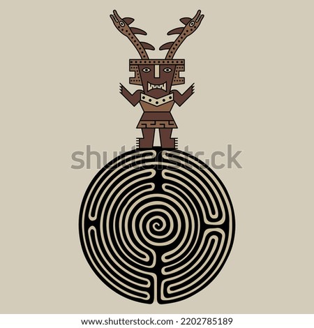 Fantastic character standing on a round spiral maze or labyrinth symbol. Horned man with snake antlers. Native American art of ancient Peru. Chancay Sican culture. Creative concept.