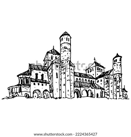 View of St. Michael's Church in Hildesheim abbey, Germany. Romanesque architecture.  Hand drawn linear doodle rough sketch. Black silhouette on white background.