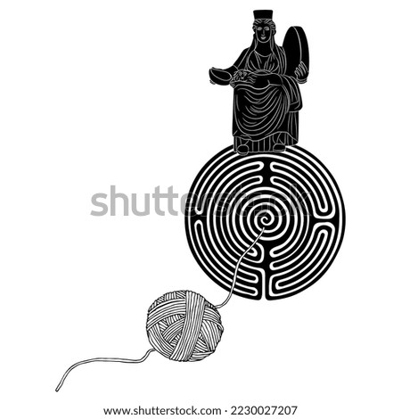 Goddess Cybele sitting on a round spiral maze or labyrinth symbol and a yarn ball leading to it. Ariadne thread. Pasiphaë. Great mother archetype. Female power and mystery. Black and white silhouette.