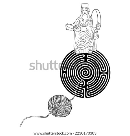 Goddess Cybele sitting on a round spiral maze or labyrinth symbol and a yarn ball leading to it. Ariadne thread. Pasiphaë. Great mother archetype. Female power and mystery. Black and white silhouette.