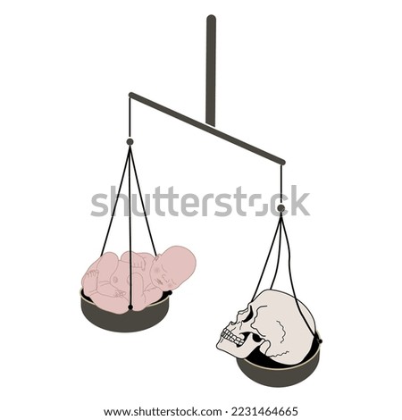 Balance scale with a newborn baby and human skull on its weights. Juxtaposition of life and deaf. Creative philosophical concept. Isolated vector illustration.