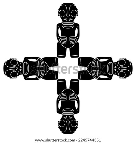 Rectangular cross design with four figurines of God Tane. Maori sculpture. Polynesian tribal idol from New Zealand. Black and white silhouette.