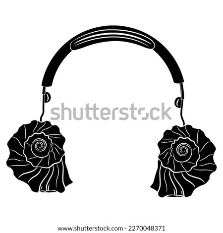 
Headphones with sea conch shells as dynamics. Creative funny design. Black and white silhouette.