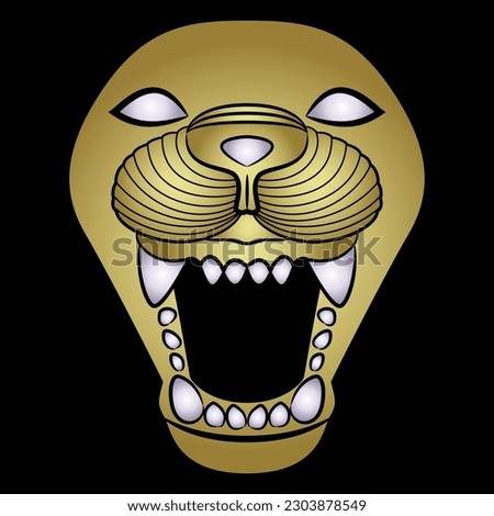 Head of a grinning lion with open mouth. Feline mask. Ancient Assyrian animal design. Golden silhouette on black background.