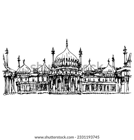 Facade of the The Royal Pavilion in Brighton, England. Architectural monument in Indo-Saracenic style. Hand drawn ink sketch. Black and white silhouette.