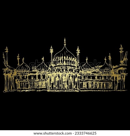 Facade of the The Royal Pavilion in Brighton, England. Architectural monument in Indo-Saracenic style. Hand drawn linear sketch. Golden glossy silhouette on black background.