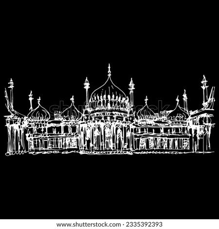 Facade of the The Royal Pavilion in Brighton, England. Architectural monument in Indo-Saracenic style. Hand drawn linear sketch. White silhouette on black background.