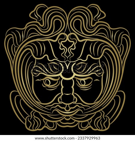 Mask of Green Man from Augsburg, Germany. Medieval Celtic motif. Foliate head of pagan god of nature and vegetation. Golden linear silhouette on black background. Art Nouveau style.