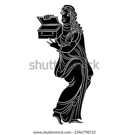 Ancient Greek girl holding an open box. Pandora. Vase painting style. Black and white negative silhouette.