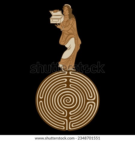 Ancient Greek girl standing on a round spiral maze or labyrinth symbol and holding an open box. Pandora. Creative mythological concept. On black background.