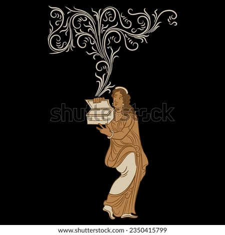 Pandora. Ancient Greek girl opening mysterious box. Let the genie out. Vase painting style. On black background.