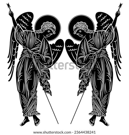 Symmetrical design with two winged medieval angels with spears. Russian Orthodox Christian design. Isolated vector illustration. Black and white negative silhouette.