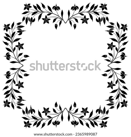 Rectangular floral frame. Square botanical border with blooming branches of nightshade plant. Black and white silhouette.