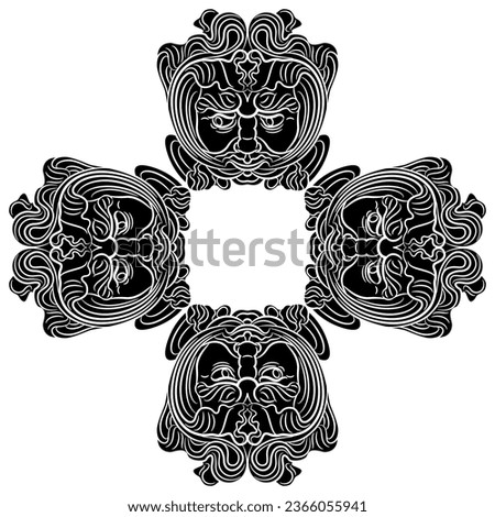 Square cross shape design or frame with four antique masks. Green Man from Augsburg, Germany. Medieval Celtic motif. Foliate head. Black and white silhouette.