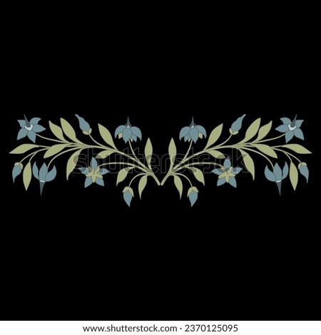 Symmetrical floral design with two blooming branches of nightshade plant. Botanical border with green leaves and blue flowers on black background. Folk style.