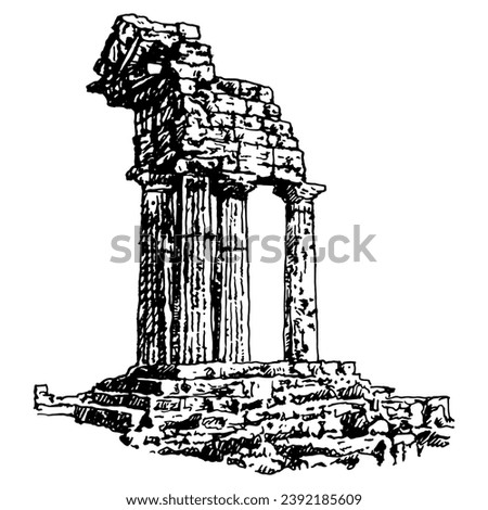 Temple of the Dioscuri (Castor and Pollux) in Agrigento, Sicily. Antique ruins in Italy. Roman architecture. Hand drawn linear doodle rough sketch. Black and white silhouette.