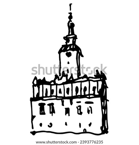 Medieval city hall in Chelmno, Poland. (Rathaus in Kulm or Culm, West Prussia.) Hand drawn linear doodle rough sketch. Black and white silhouette.