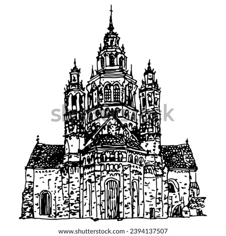 Mainz Cathedral in Germany. St. Martin's Cathedral. Mainzer Dom. Martinsdom. Der Hohe Dom zu Mainz. Roman Catholic temple. Hand drawn linear doodle rough sketch. Black and white silhouette. Stock fotó © 