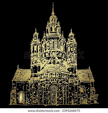 Mainz Cathedral in Germany. St. Martin's Cathedral. Mainzer Dom. Martinsdom. Der Hohe Dom zu Mainz. Roman Catholic temple. Hand drawn linear doodle rough sketch. Golden silhouette on black background.