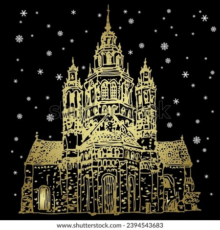 Roman Catholic temple under snowflakes. Winter Christmas design. Mainz Cathedral in Germany. Hand drawn sketch. Golden silhouette on black background.