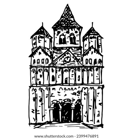 Marmoutier Abbey in Alsace, France. Maursmünster Abbey. Medieval Benedictine monastery. Hand drawn linear doodle rough sketch. Black and white silhouette.