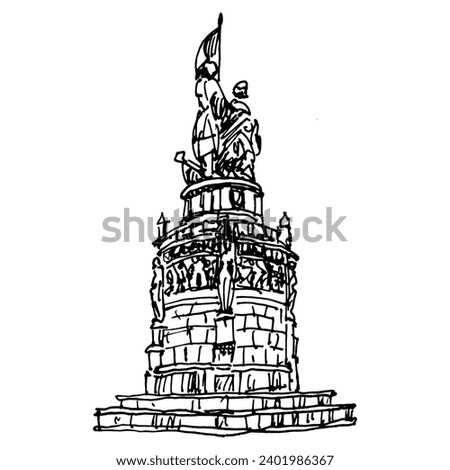 Monument to Flemish patriots at the Markt in Bruges or Brugge, Belgium. Hand drawn linear doodle rough sketch. Black and white silhouette.